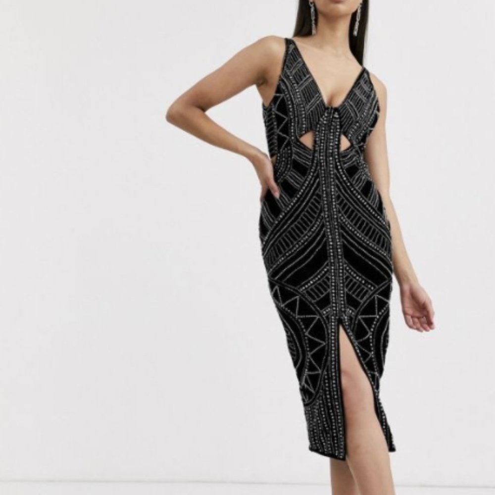 ASOS US 14 Black Velvet Stud Midi Dress